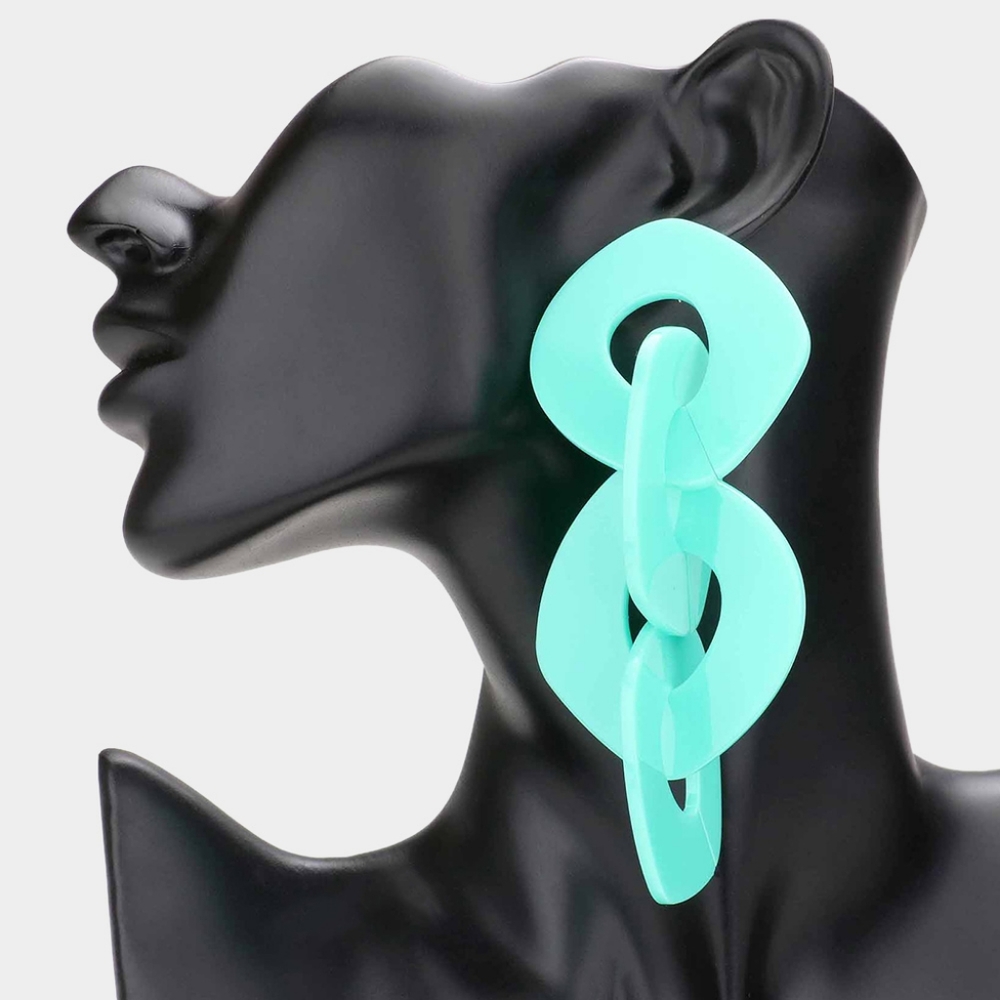 Green Chain Link Dangle Earrings 4.1" Bold Chunky Fashion Jewelry Accessory